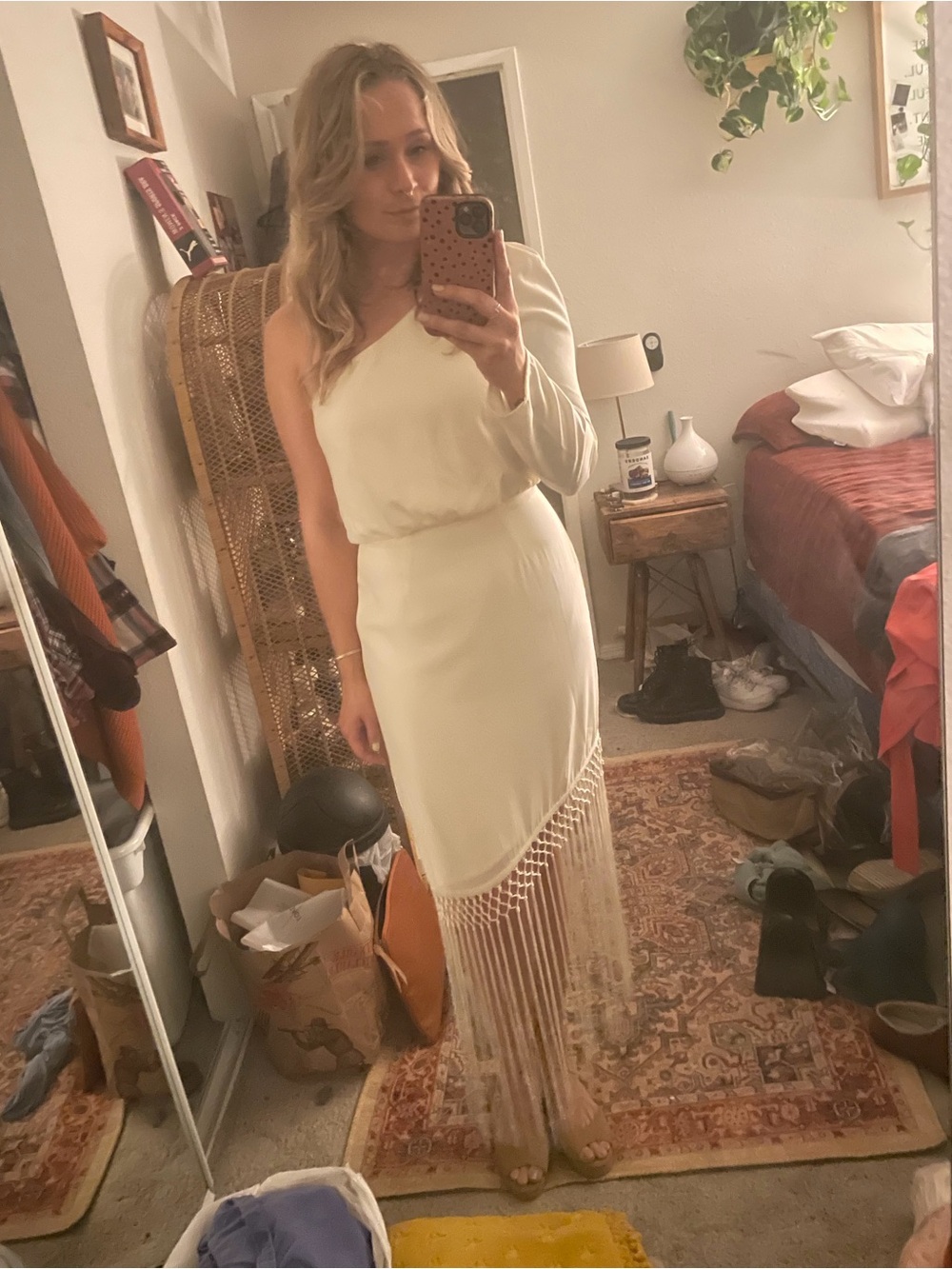 One-Shoulder Cream Fringe Dress